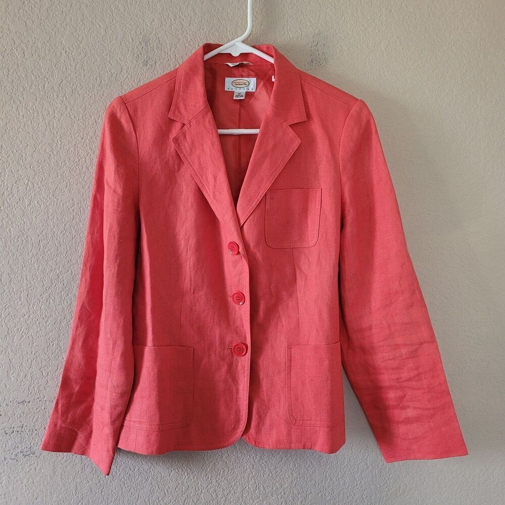 Talbots Womens 100% Irish Linen Orange Blazer Size 10p 3 Button Single Breasted